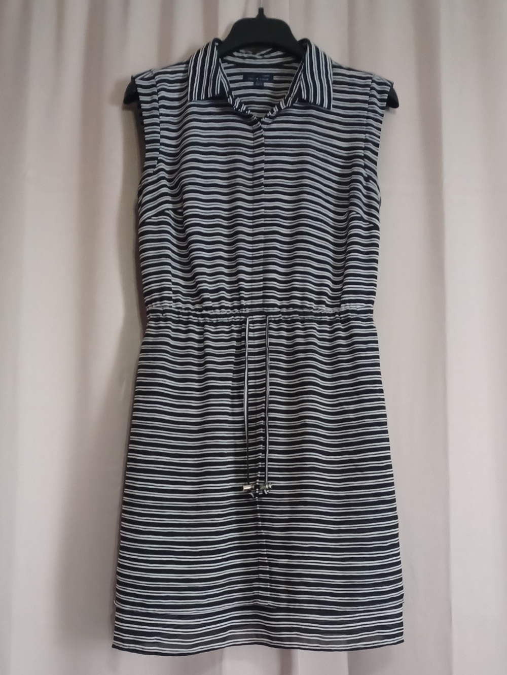 Tommy Hilfiger Sleeveless Striped Shirt Dress Drawstring Waist Sz M Black White